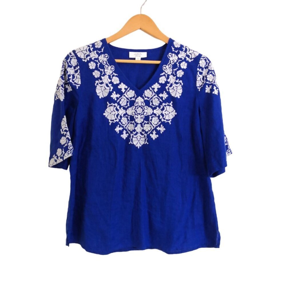 NWOT Charter Club Linen Lux Boho Embroidered‎ Short Sleeve Top Blue White Size S